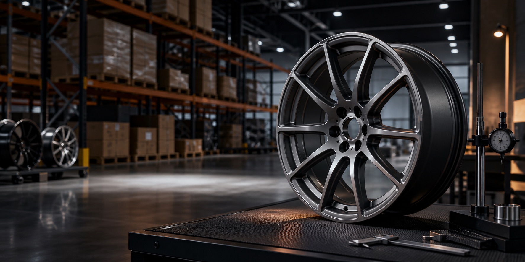 OEM-style alloy wheel on a quality-control bench inside a TGL Partners distribution warehouse.